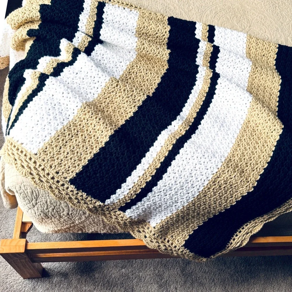 Crochet Afghan Blanket Handmade New Stripe Tan Black White Throw 52x44 Cozy Gift